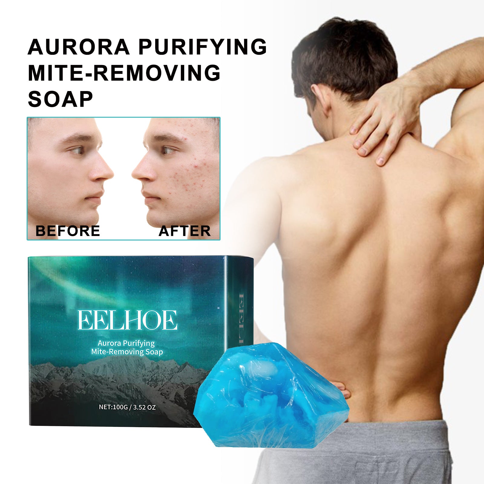 EELHOE Aurora Purifying Mite-Removing Soap, Deep Cleansing Facial Body Skin Fade Acne Print Multi-Effect Cleansing Soap