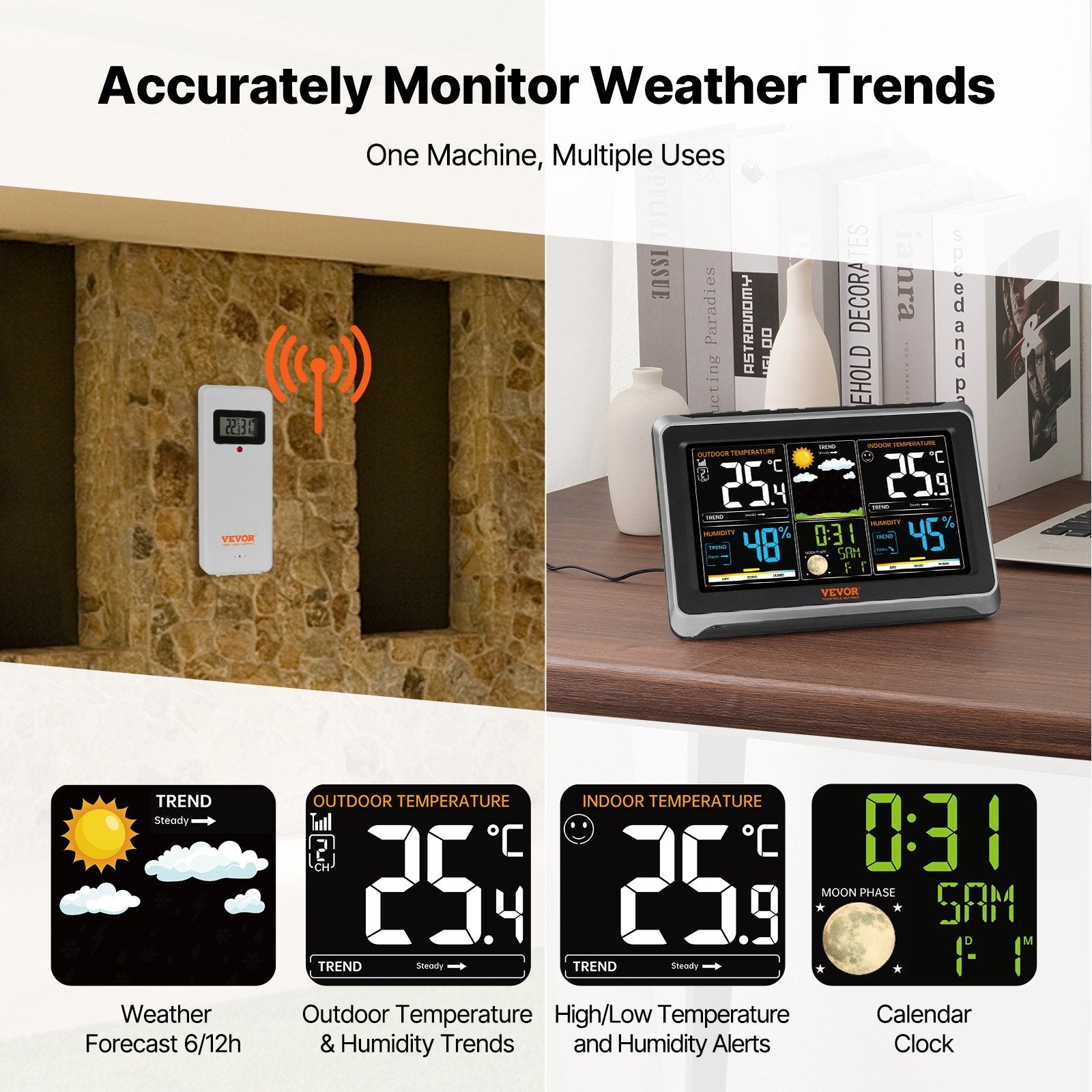 Weather Station Indoor Outdoor, 7.5 In Large Color Display, Wireless Digital Home Weather Station, With Sensor Atomic Clock Adjustable Backlight Forecast Data Calendar Alarm Alert Temperature