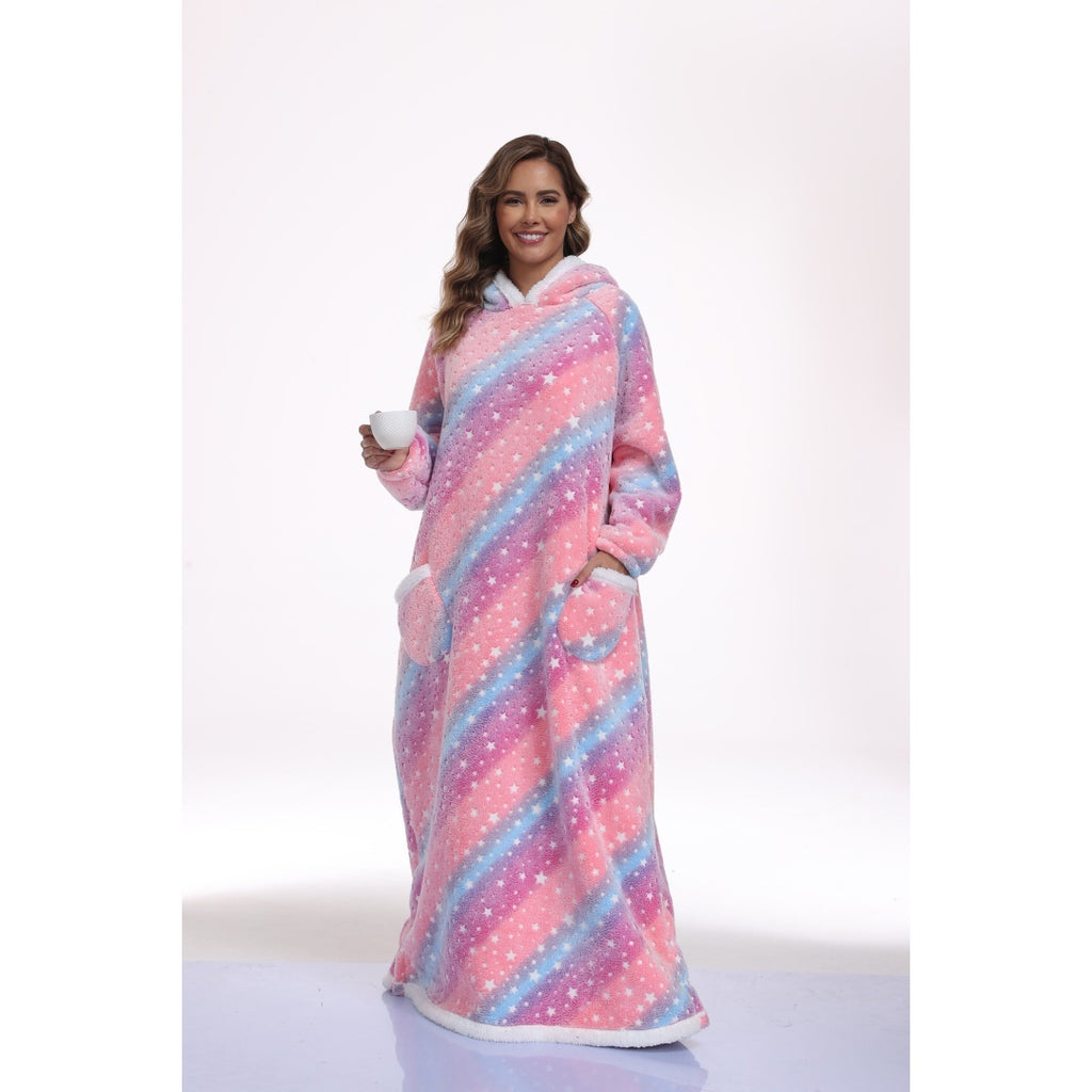 Oversized Wearable Hooded Blanket With Print Glow In The Dark Long Size-59in Sherpa Warm Sweatshirt For Women