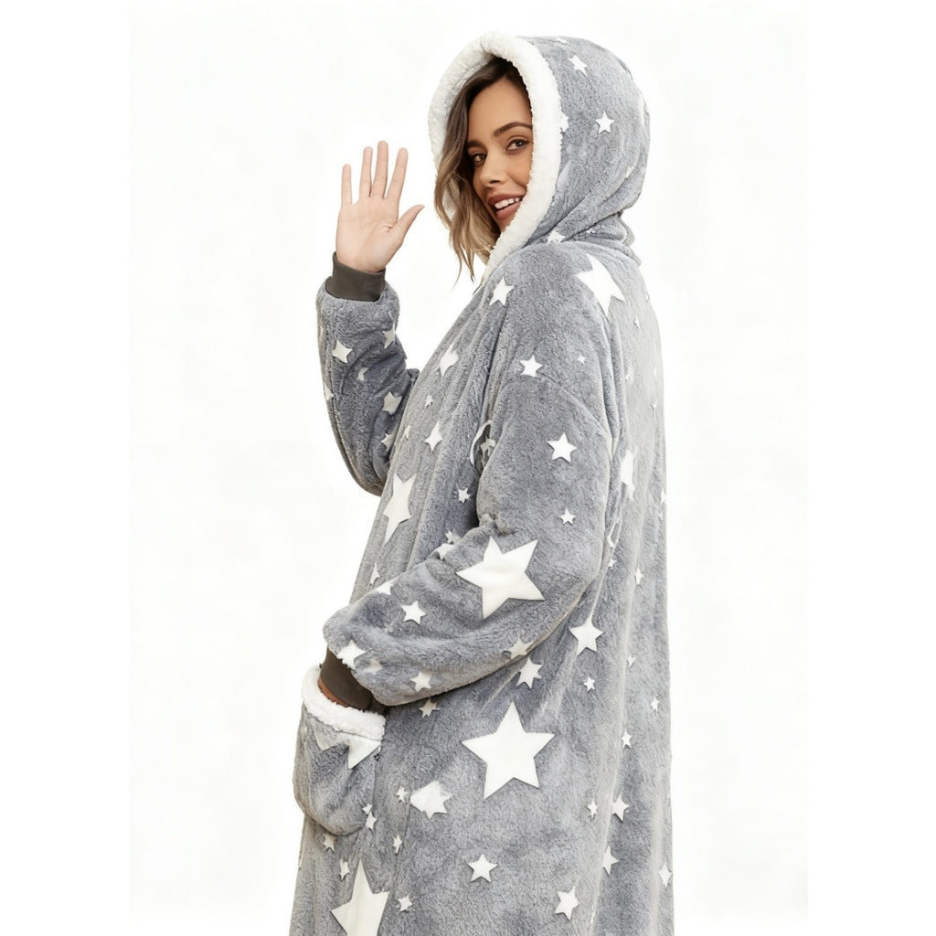 Oversized Wearable Hooded Blanket With Print Glow In The Dark Long Size-59in  Sherpa Warm Sweatshirt For Women