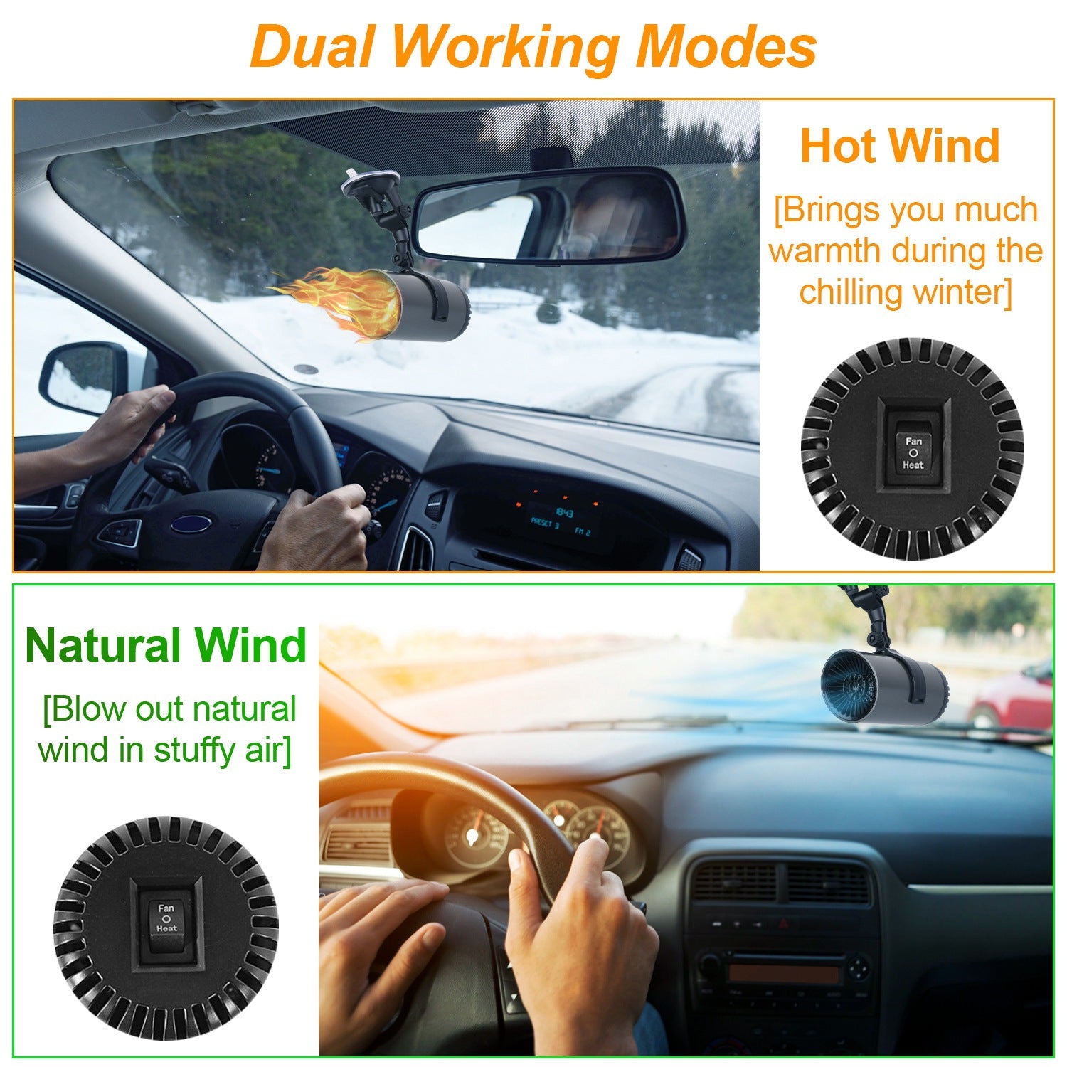 1Pc 12V 150W Portable Car Heater 2 In 1 Heating Cooling Fan Rotatable Demister Defroster With 4.92ft Cord