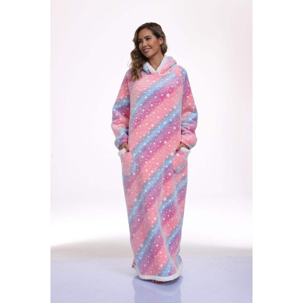Oversized Wearable Hooded Blanket With Print Glow In The Dark Long Size-59in Sherpa Warm Sweatshirt For Women
