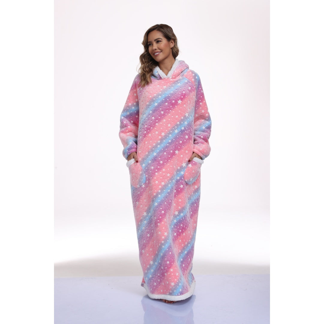 Oversized Wearable Hooded Blanket With Print Glow In The Dark Long Size-59in Sherpa Warm Sweatshirt For Women
