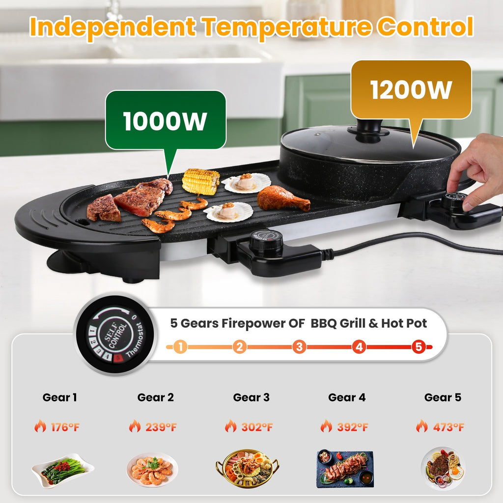 2200W  2 In 1 Electric Hot Pot With BBQ Grill Cooker Smokeless Non-Stick Korean BBQ Grill Shabu Shabu Hot Pot With Independent Temperature Control 5 Gears Firepower For 2-10 People
