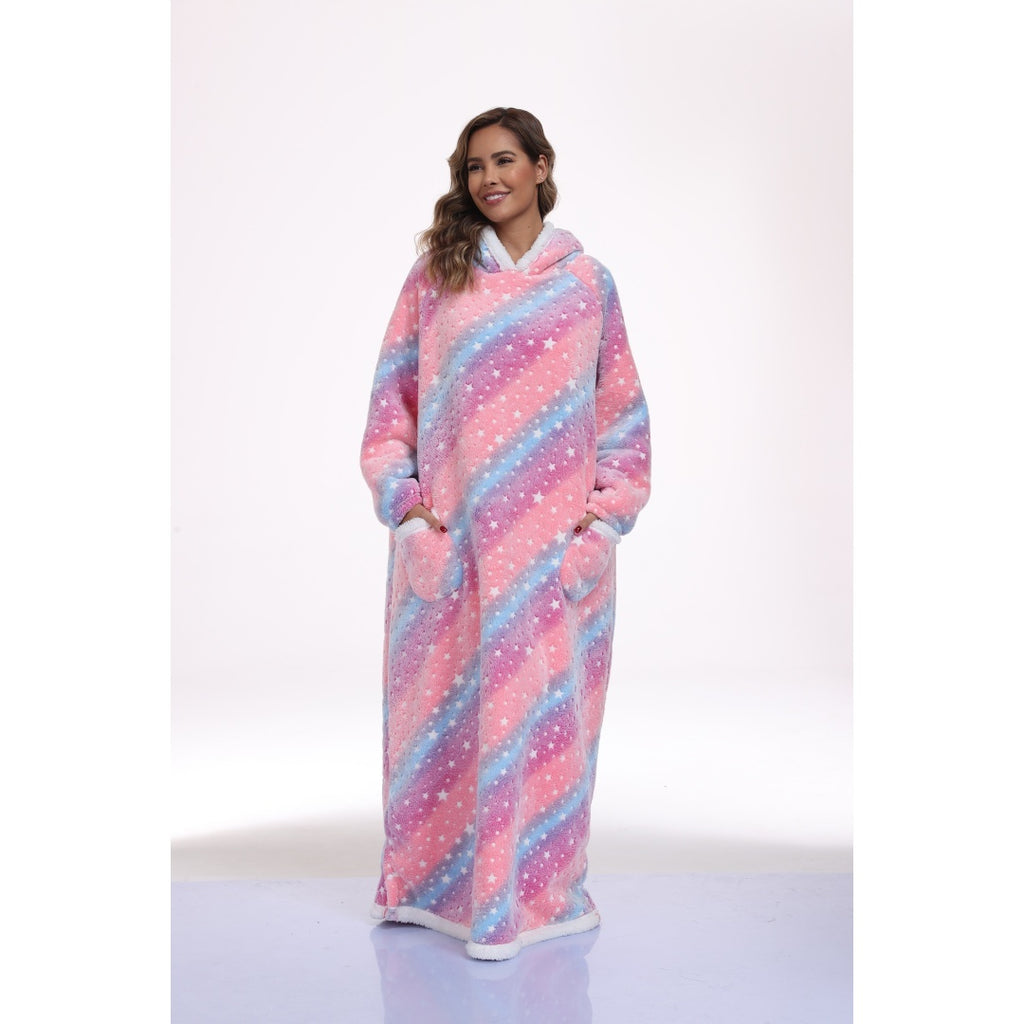 Oversized Wearable Hooded Blanket With Print Glow In The Dark Long Size-59in Sherpa Warm Sweatshirt For Women