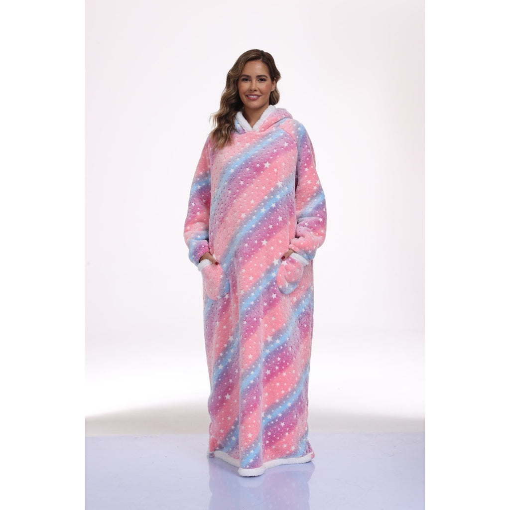 Oversized Wearable Hooded Blanket With Print Glow In The Dark Long Size-59in Sherpa Warm Sweatshirt For Women