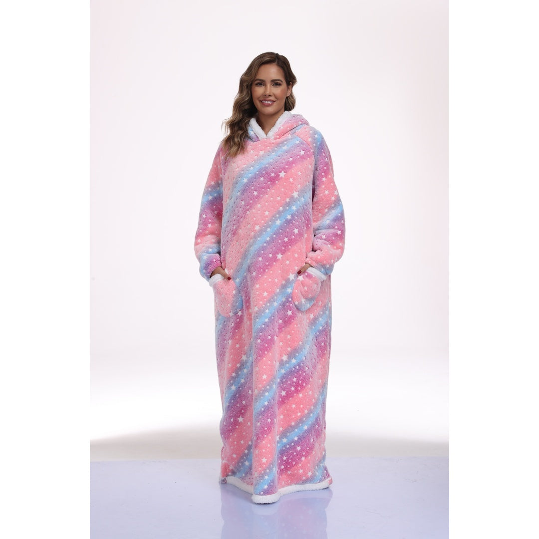 Oversized Wearable Hooded Blanket With Print Glow In The Dark Long Size-59in Sherpa Warm Sweatshirt For Women